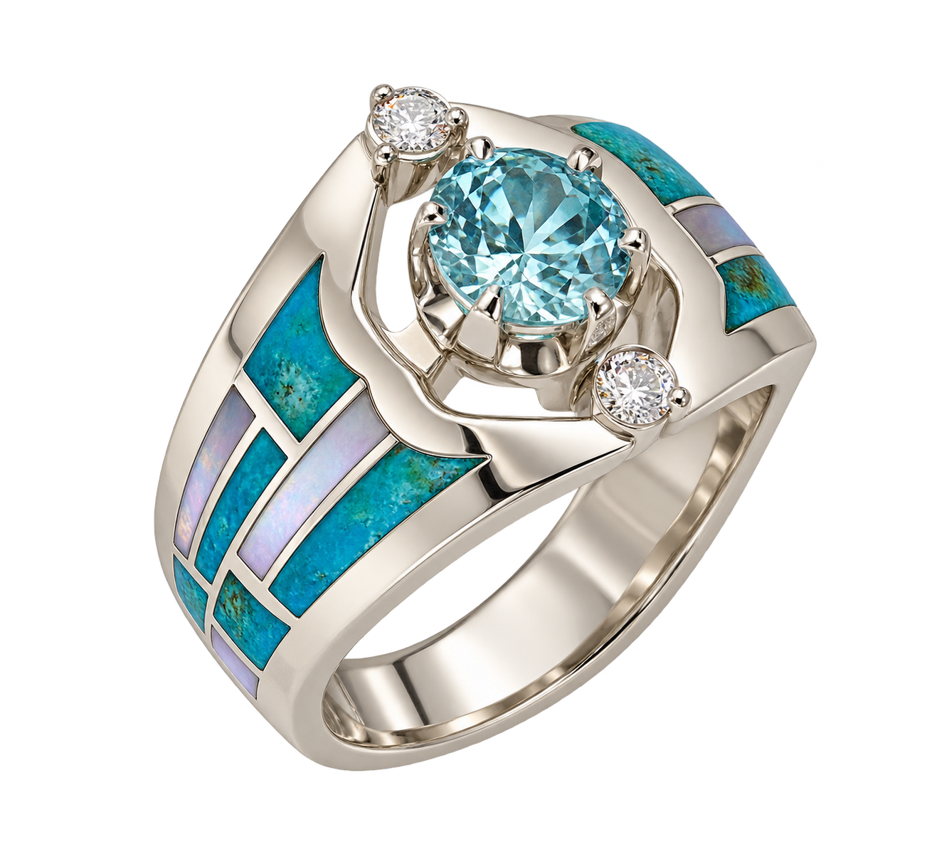 Custom turquoise, gemstone and white-metal ring designed by Greg and Kanae